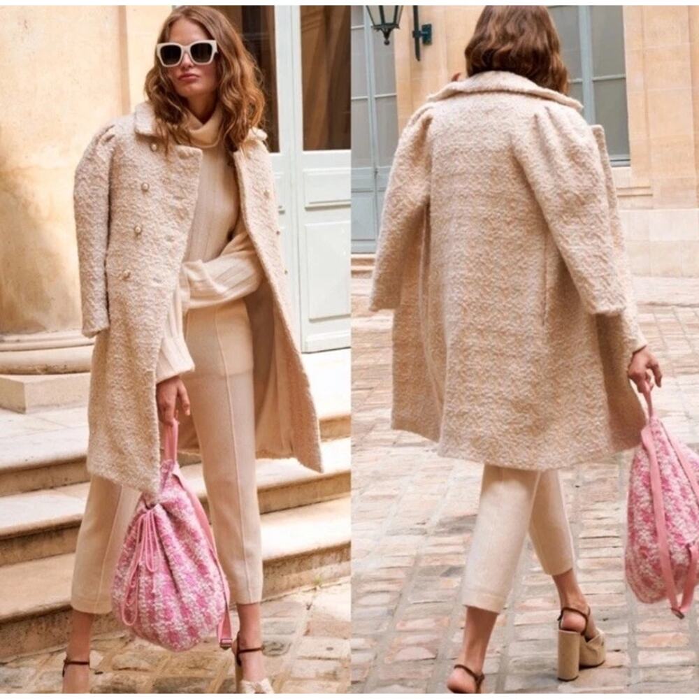 LoveShackFancy Winter White Asryn Tweed Double Breasted Long Coat Size Small